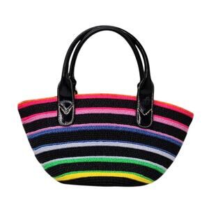 black  straw Striped top handle Handbag